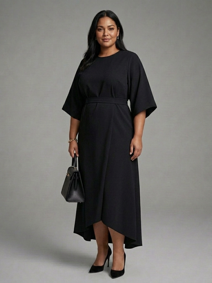 Amina | Asymmetrical Midi Dress with Coat Sleeve and Defined Waist
