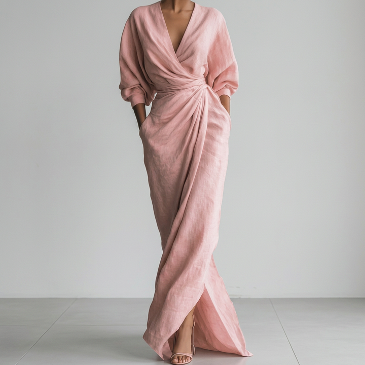 Thea Ruched Wrap-Front Long Sleeve Maxi Dress with Slit