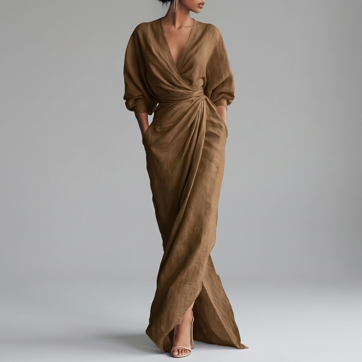 Thea Ruched Wrap-Front Long Sleeve Maxi Dress with Slit