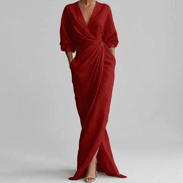 Thea Ruched Wrap-Front Long Sleeve Maxi Dress with Slit