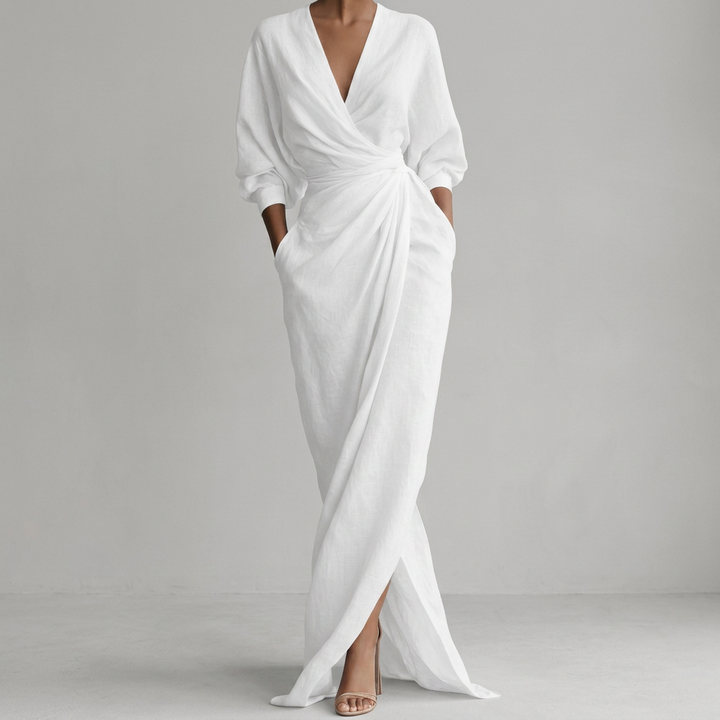 Thea Ruched Wrap-Front Long Sleeve Maxi Dress with Slit