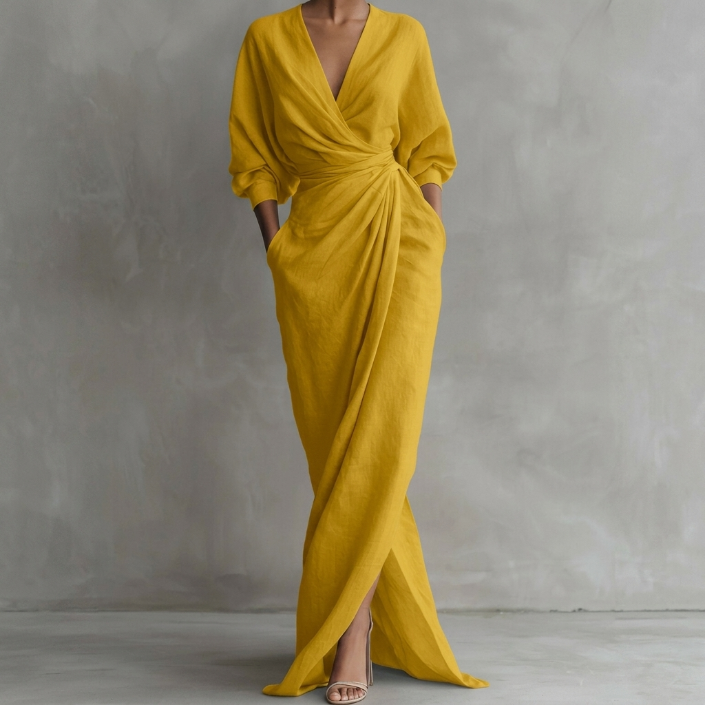 Thea Ruched Wrap-Front Long Sleeve Maxi Dress with Slit