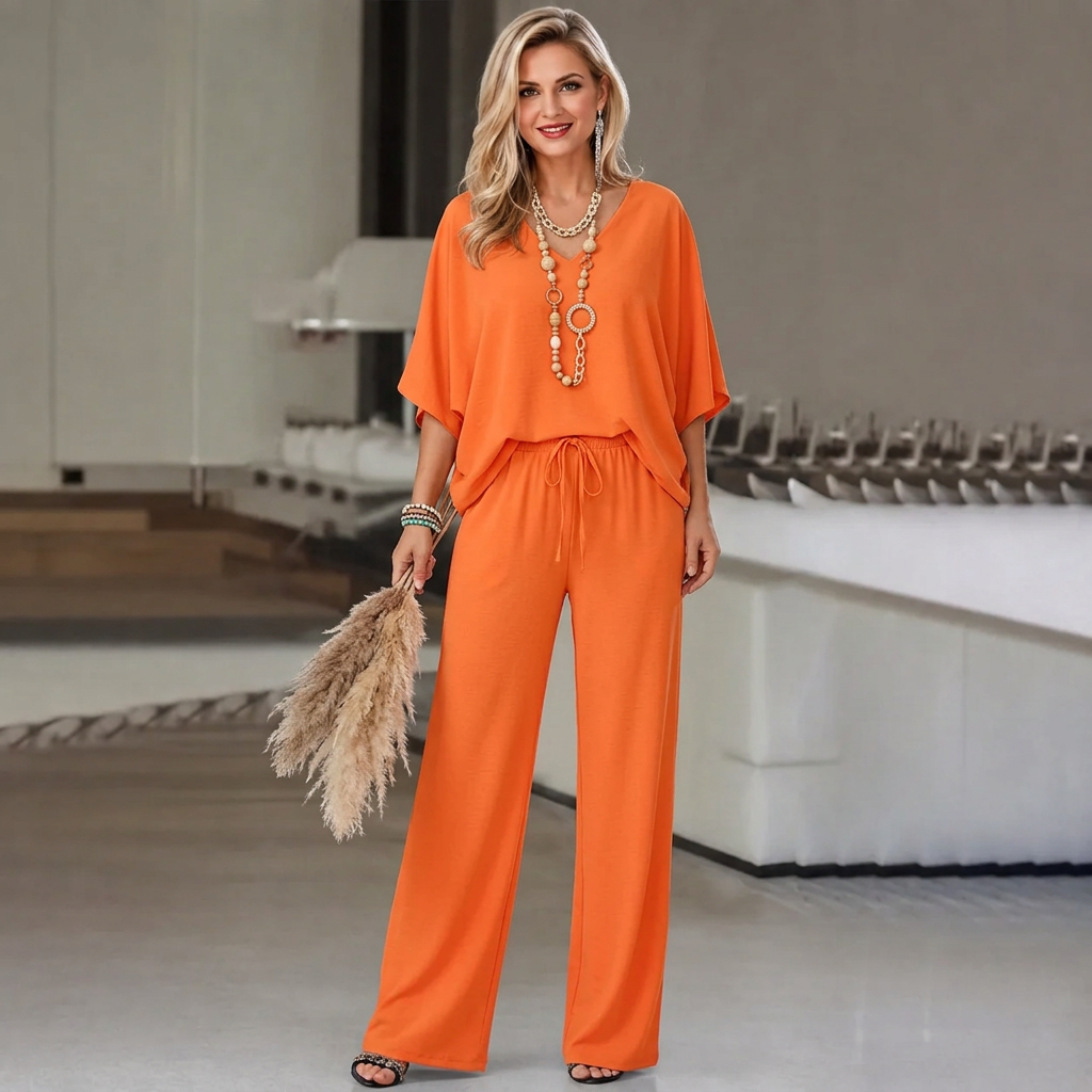 Theodora - V-Neck Short-Sleeve Top and Wide-Leg Pants Two-Piece Set