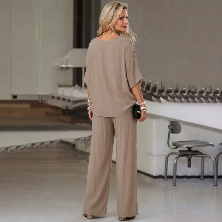 Theodora - V-Neck Short-Sleeve Top and Wide-Leg Pants Two-Piece Set