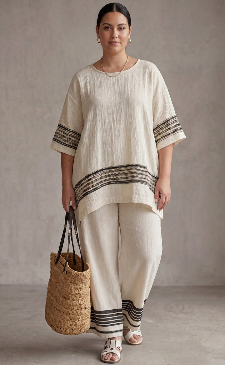 Genevieve — Top Elegant Linen With Black Stripes &amp; Flowing Pants