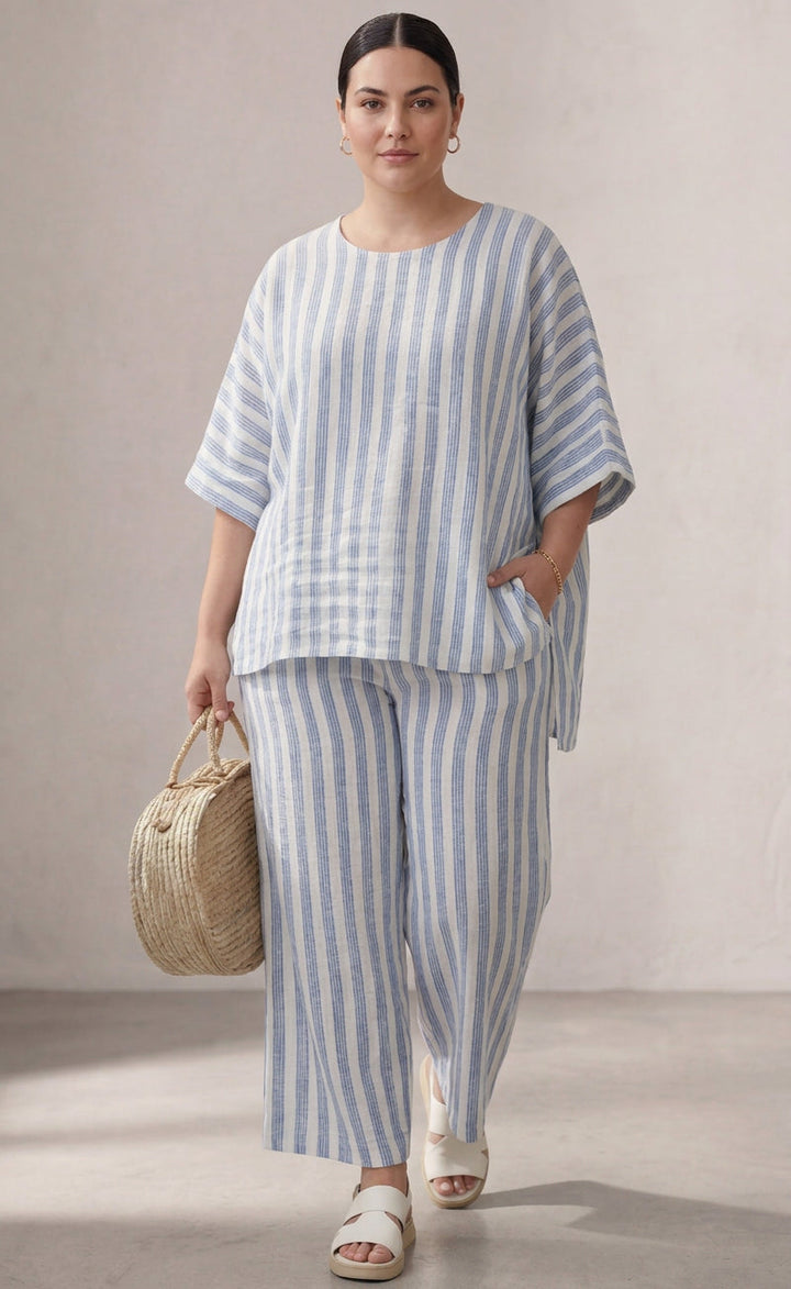 Calliope — Top Sophisticated Linen With Blue Stripes &amp; Relaxed Pants