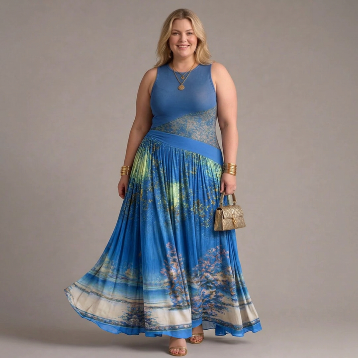 Selma | Sleeveless Printed Bodice And Flowing Maxi Skirt Dress
