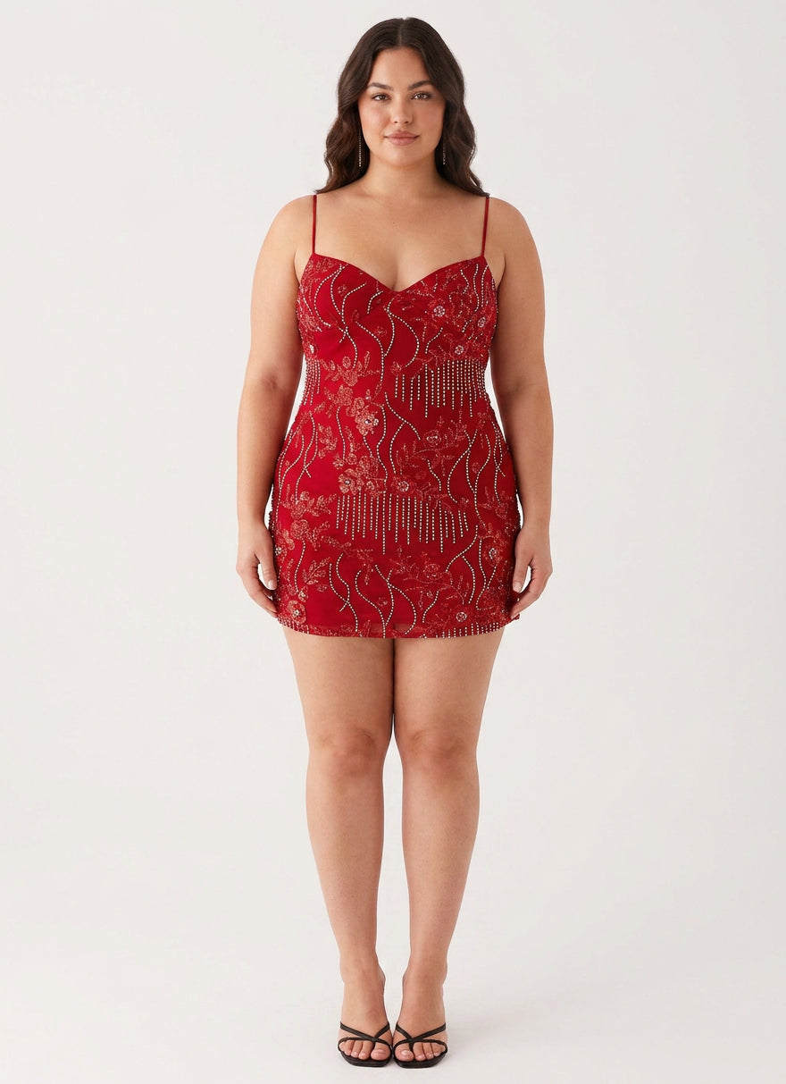 Women's Sparkling Beaded Mini Dress with V-Shaped Neckline for Night Out and Dancing โ Curve & Bloom