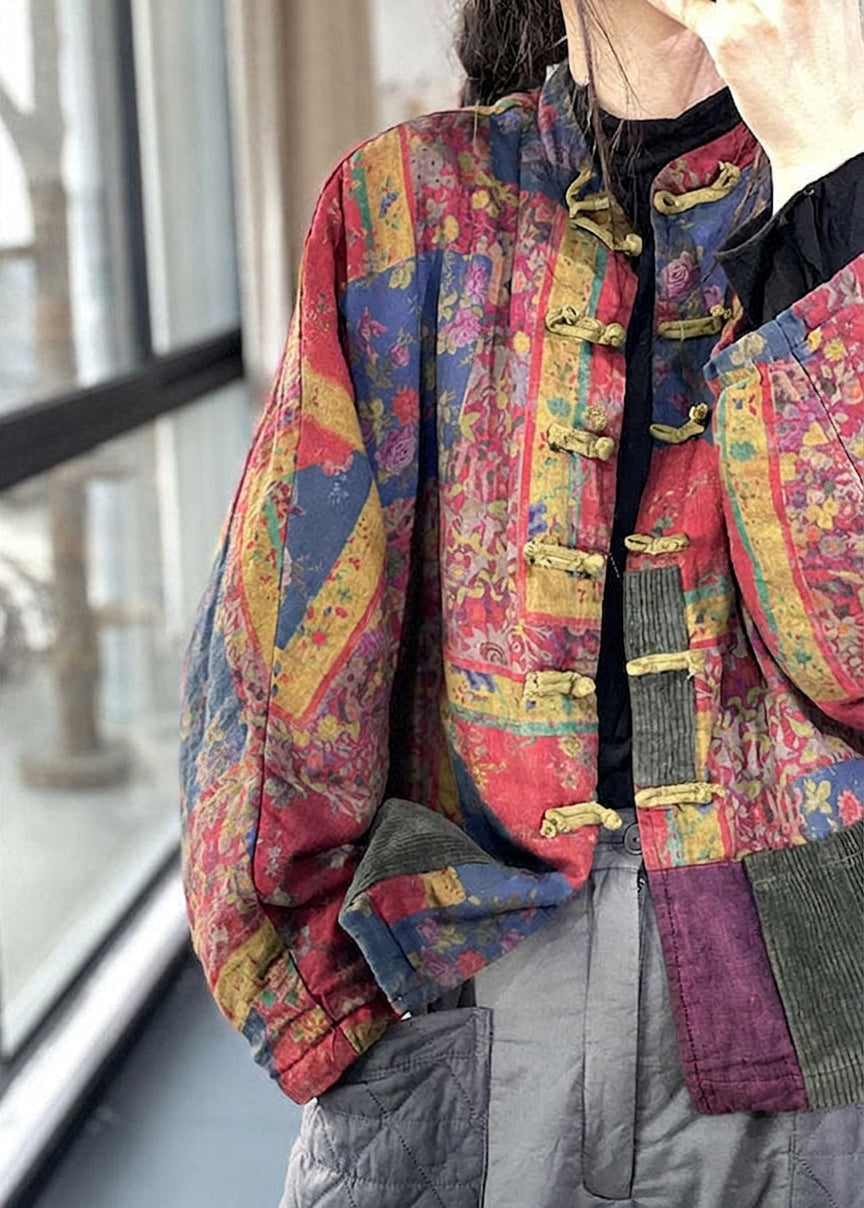 Colette - Vintage Red Pockets Button Print Fall Long sleeve Coat