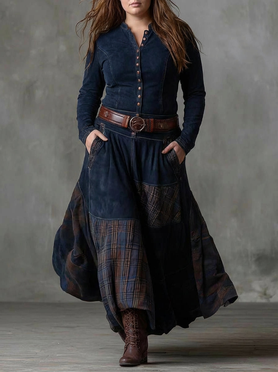 Frankie | Vintage Long Dress in Navy Blue Suede Check (Includes Belt)