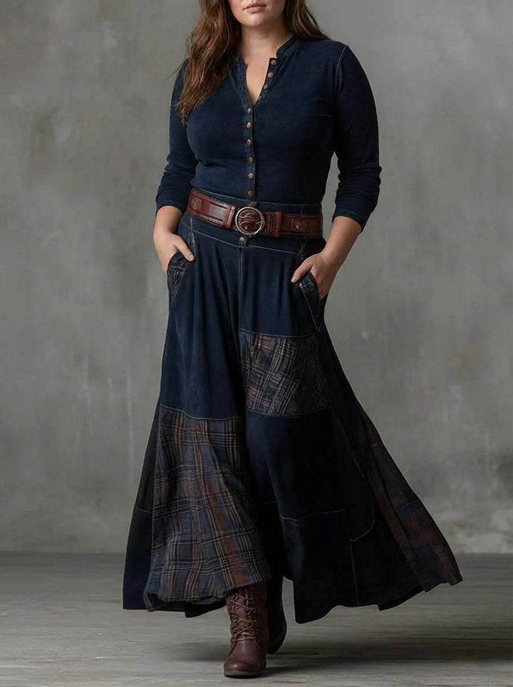 Frankie | Vintage Long Dress in Navy Blue Suede Check (Includes Belt)