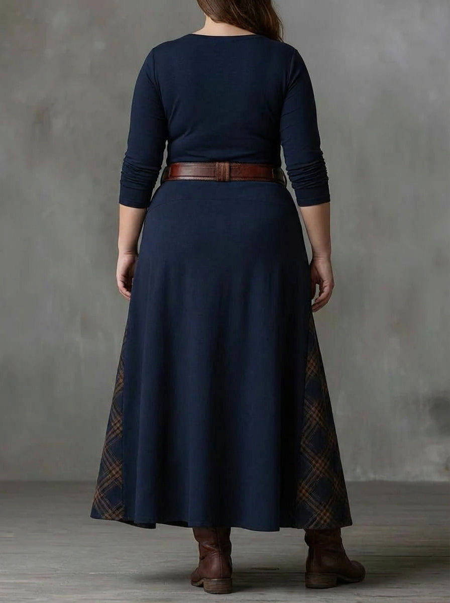 Frankie | Vintage Long Dress in Navy Blue Suede Check (Includes Belt)
