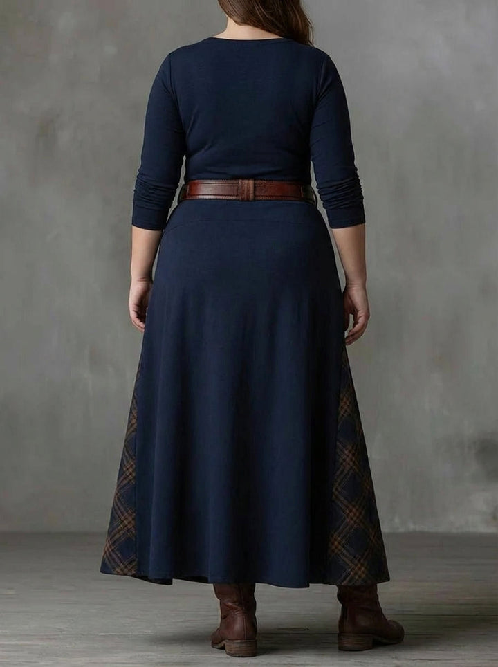 Frankie | Vintage Long Dress in Navy Blue Suede Check (Includes Belt)
