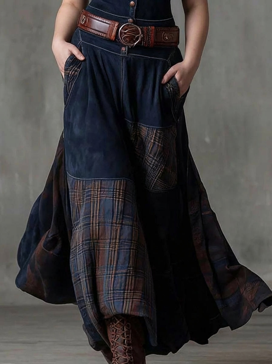 Frankie | Vintage Long Dress in Navy Blue Suede Check (Includes Belt)