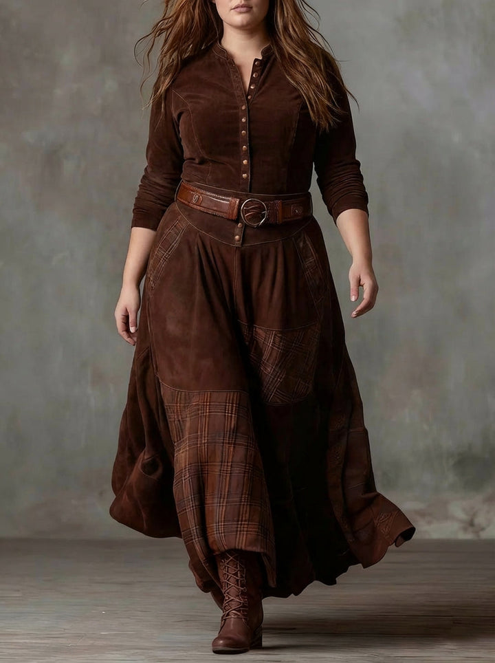 Frankie | Vintage Long Dress in Navy Blue Suede Check (Includes Belt)