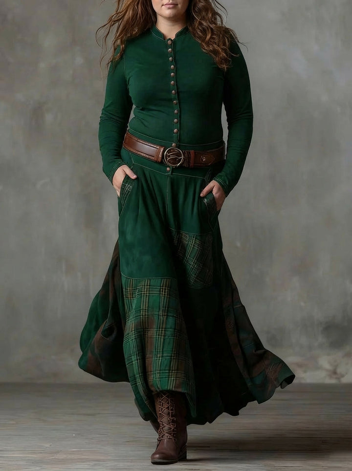 Frankie | Vintage Long Dress in Navy Blue Suede Check (Includes Belt)