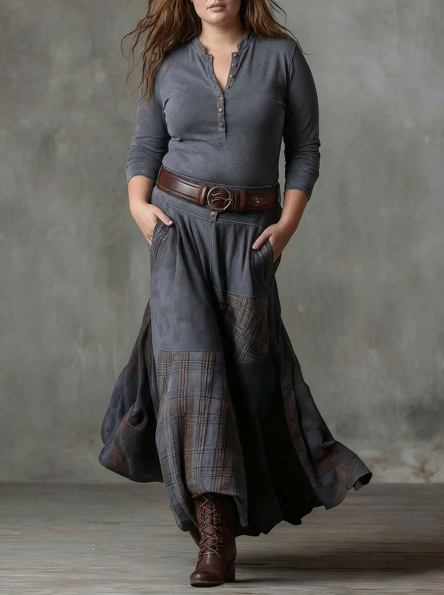 Frankie | Vintage Long Dress in Navy Blue Suede Check (Includes Belt)