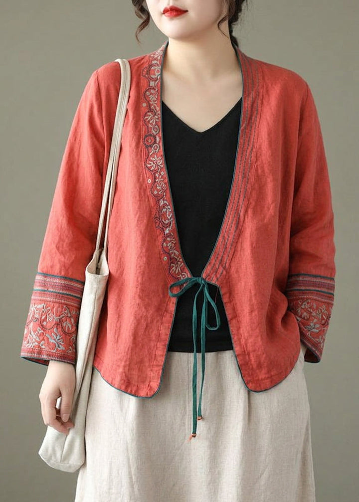 Pernille - Women Red Embroideried Long sleeve Linen Shirt