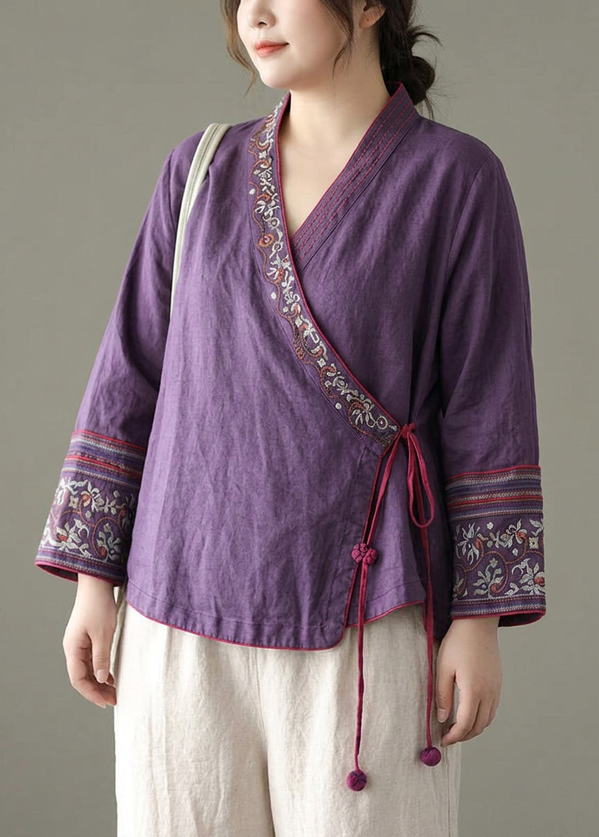 Pernille - Women Red Embroideried Long sleeve Linen Shirt