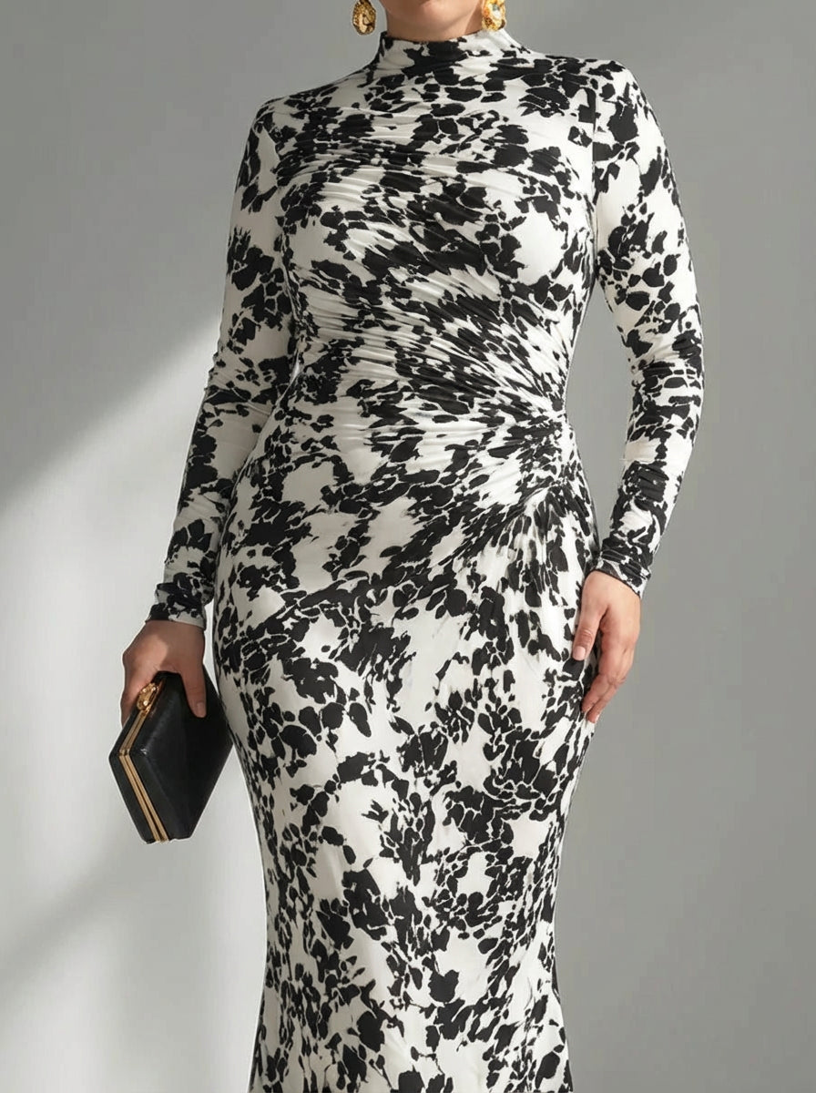 Aurelia | Black and White Pattern Stretch Mix Wrap Dress