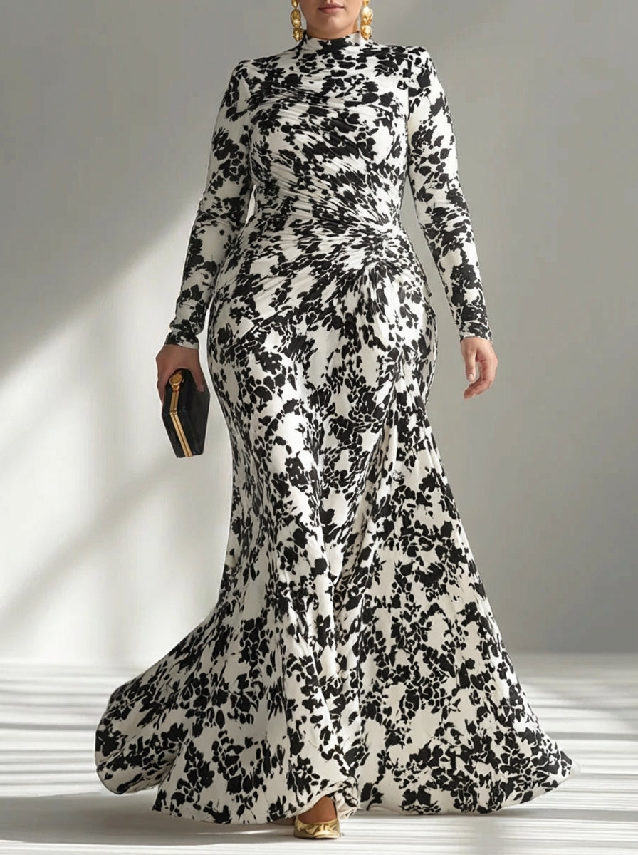 Aurelia | Black and White Pattern Stretch Mix Wrap Dress