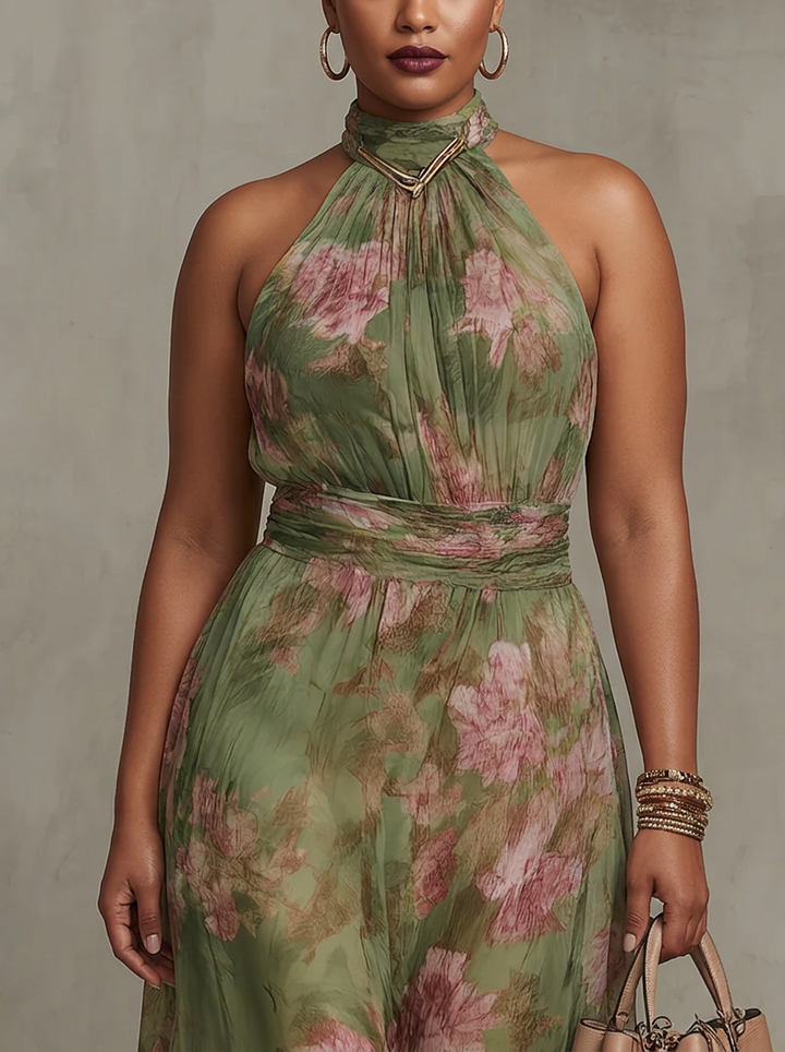 Amity | Green Floral Chiffon Halter Maxi Dress