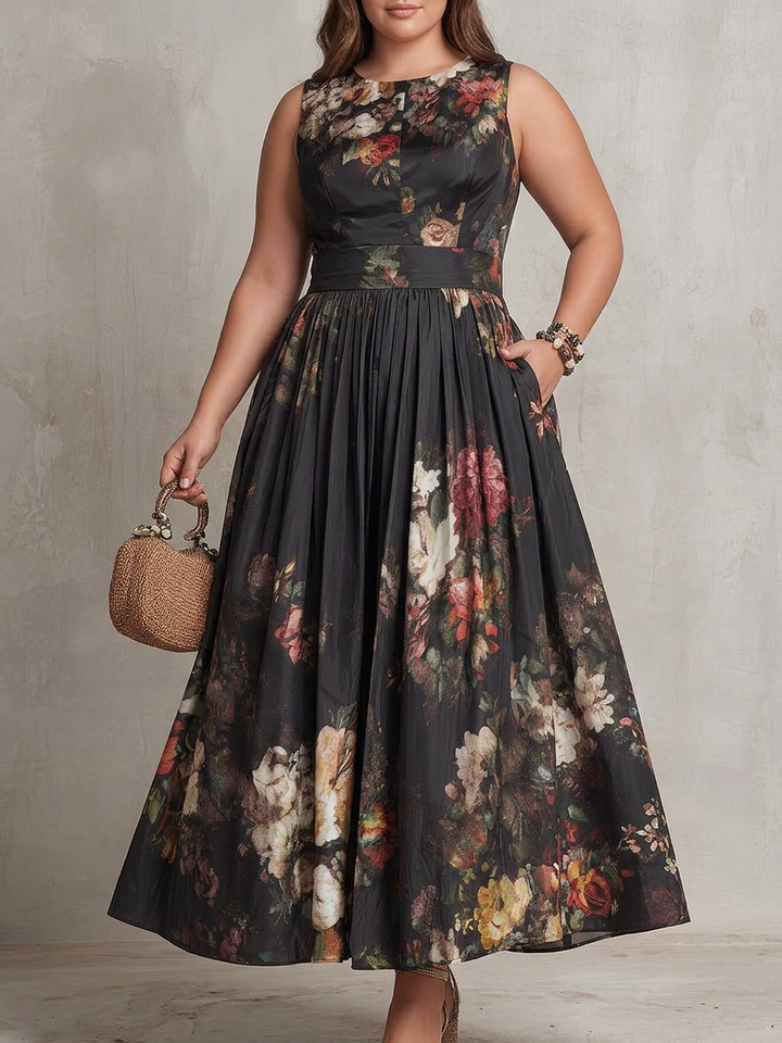 Hana | Black Floral Satin Pleated Midi Dress