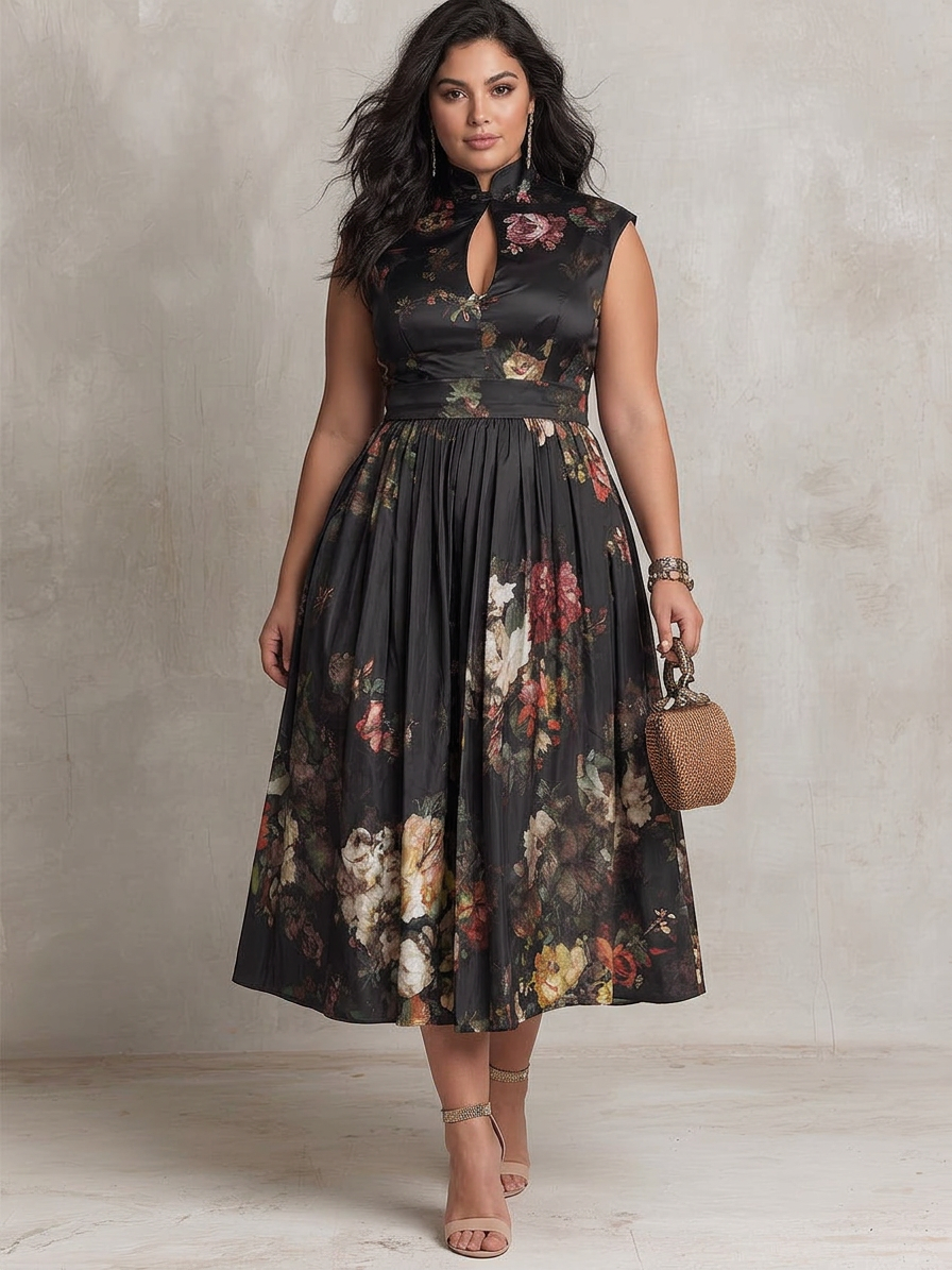 Hana | Black Floral Satin Pleated Midi Dress