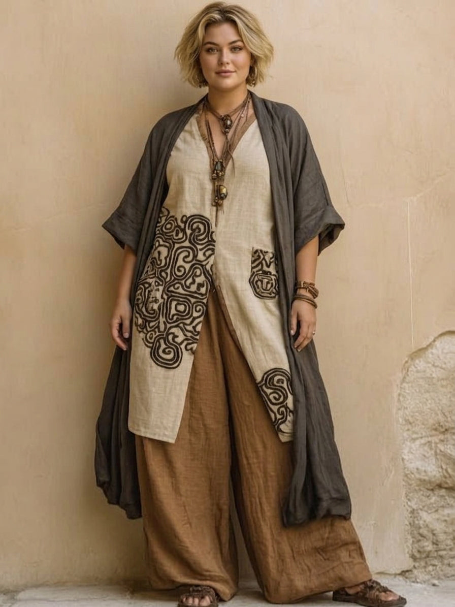 Alessia | Dark Gray &amp; Brown Tribal Print Three-Piece Set