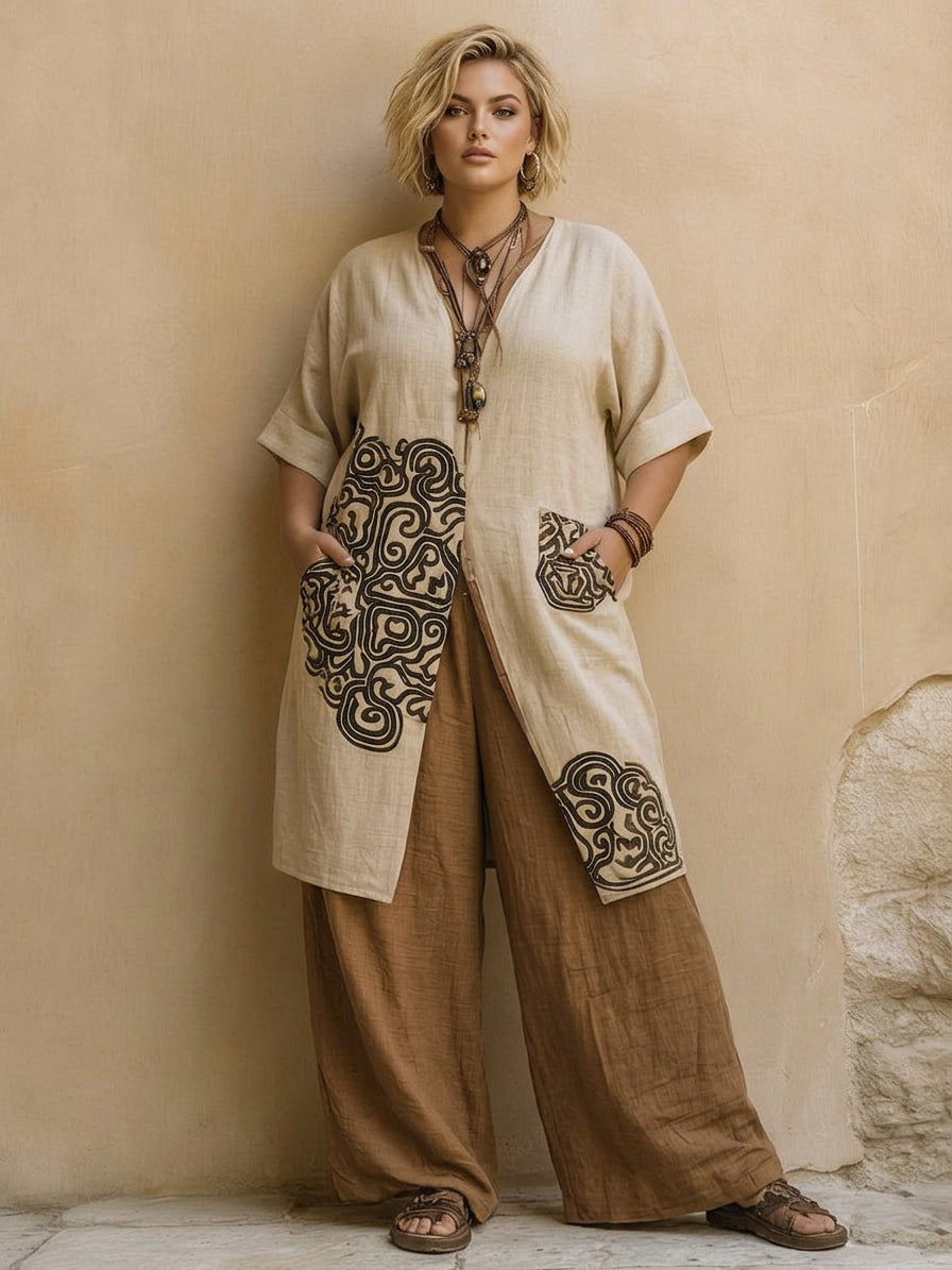 Alessia | Dark Gray &amp; Brown Tribal Print Three-Piece Set