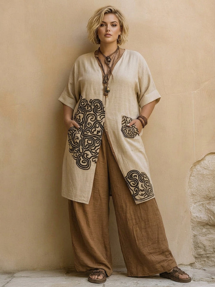 Alessia | Dark Gray &amp; Brown Tribal Print Three-Piece Set