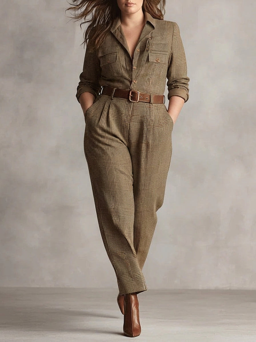Alessia - Brown Sophisticated Plaid Jumpsuit