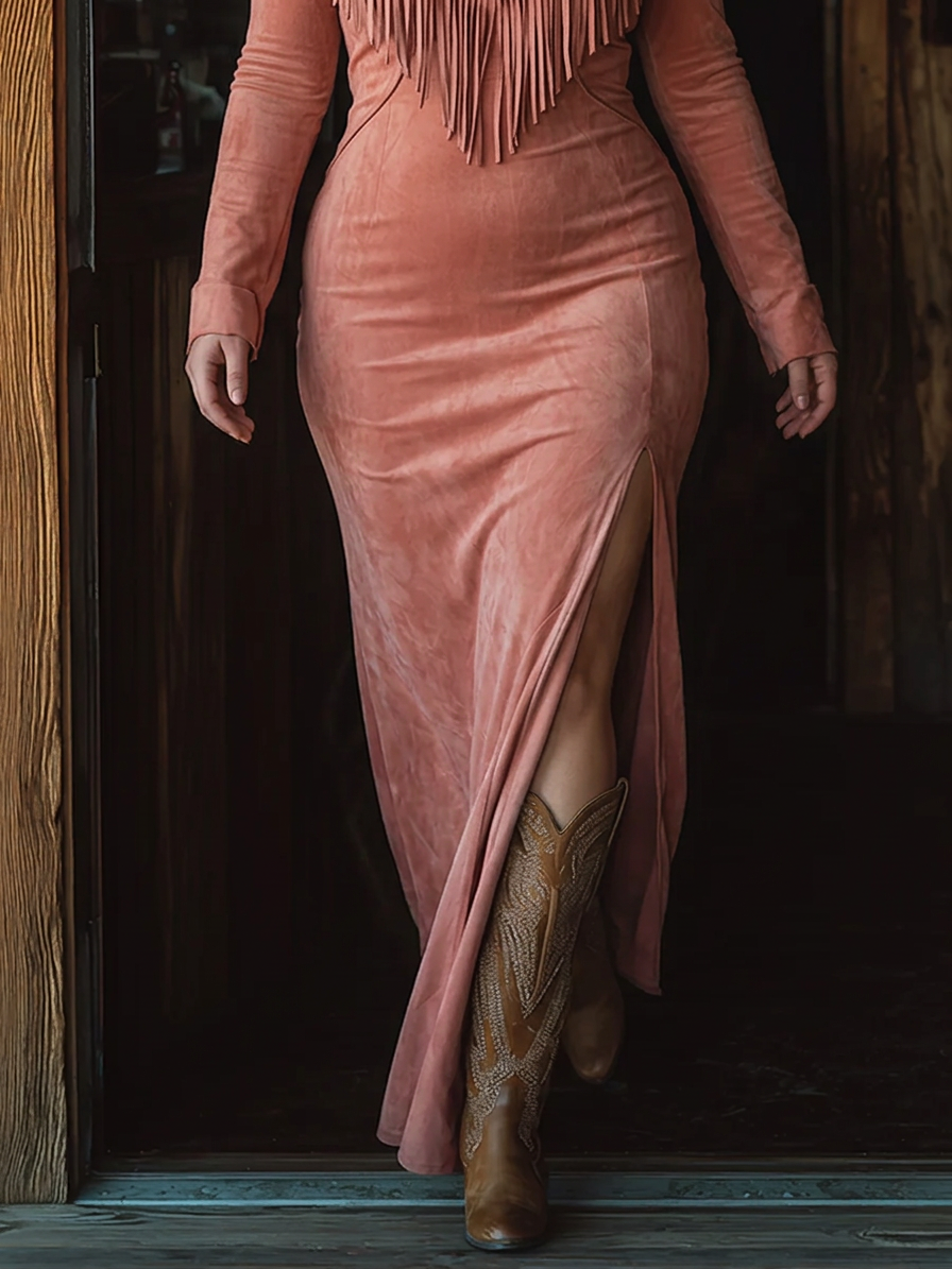 Vintage Western Tassel Embroidered Pink Faux Suede Maxi Dress