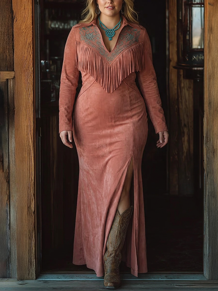 Vintage Western Tassel Embroidered Pink Faux Suede Maxi Dress