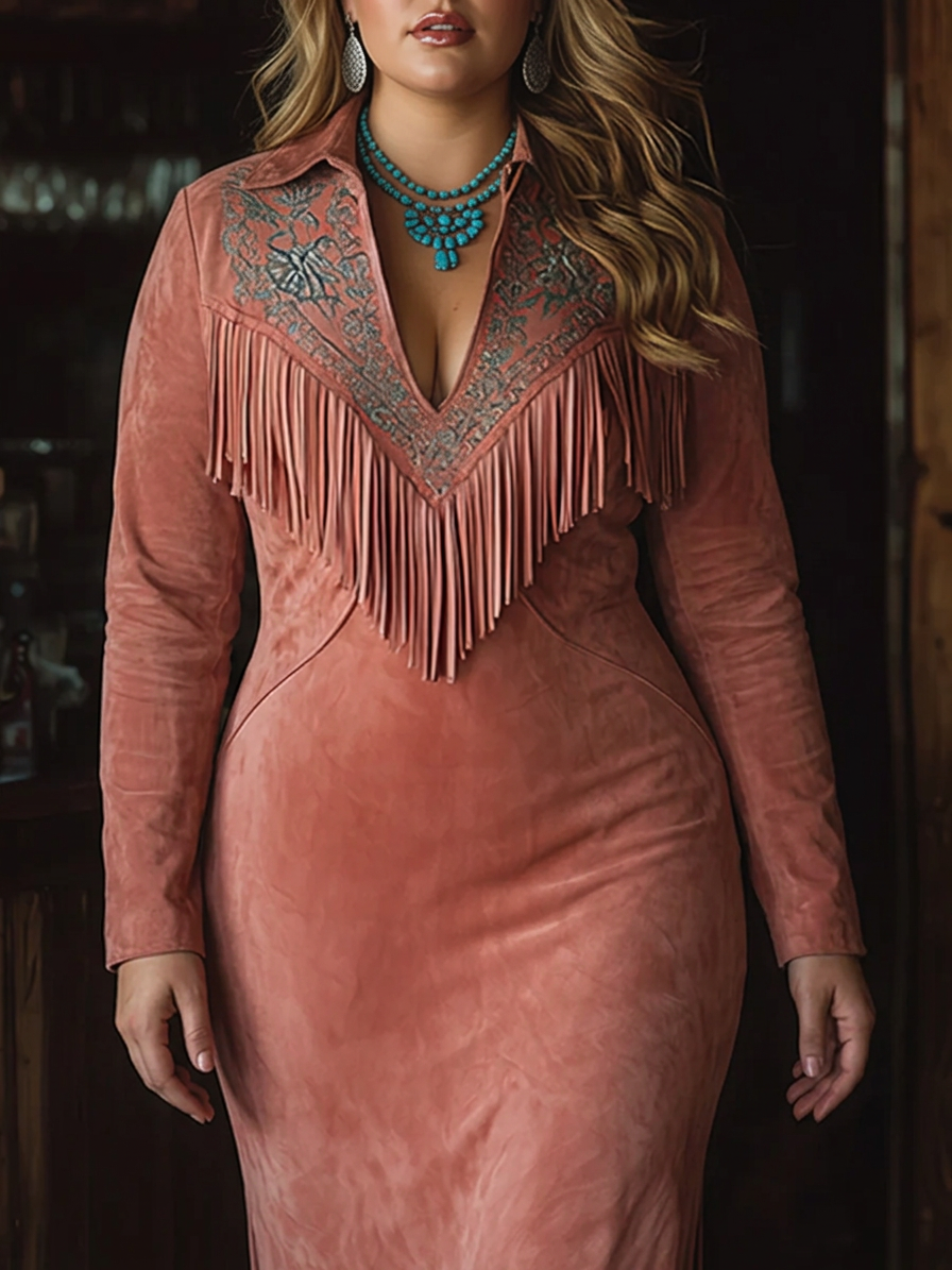 Vintage Western Tassel Embroidered Pink Faux Suede Maxi Dress