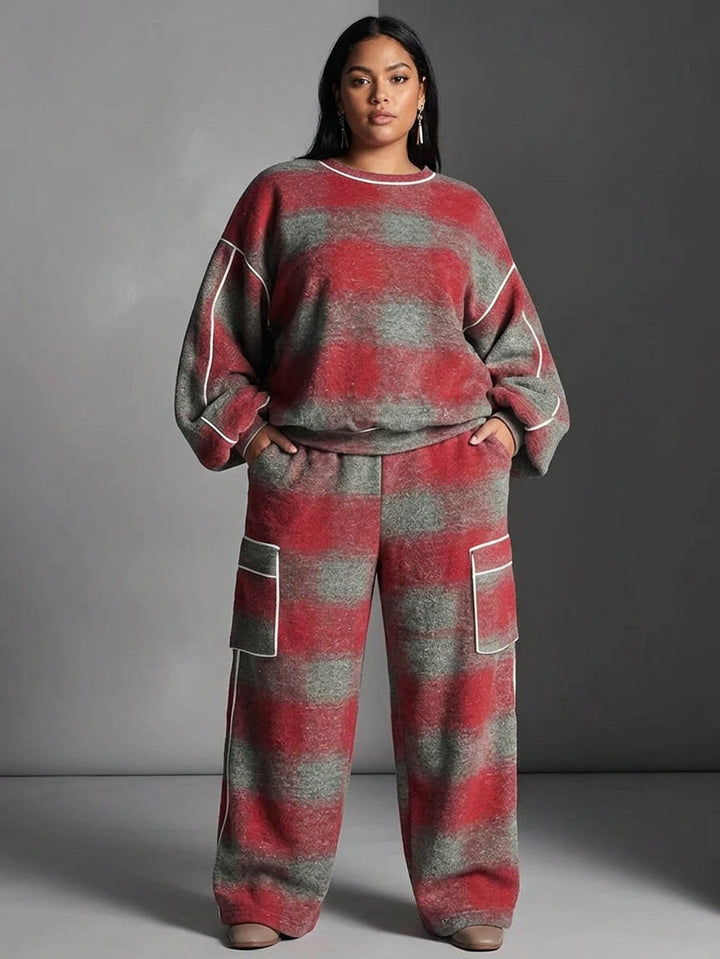 Red and Gray Checked Color-Blocked Sweatshirt and Casual Pants Two-Piece Set