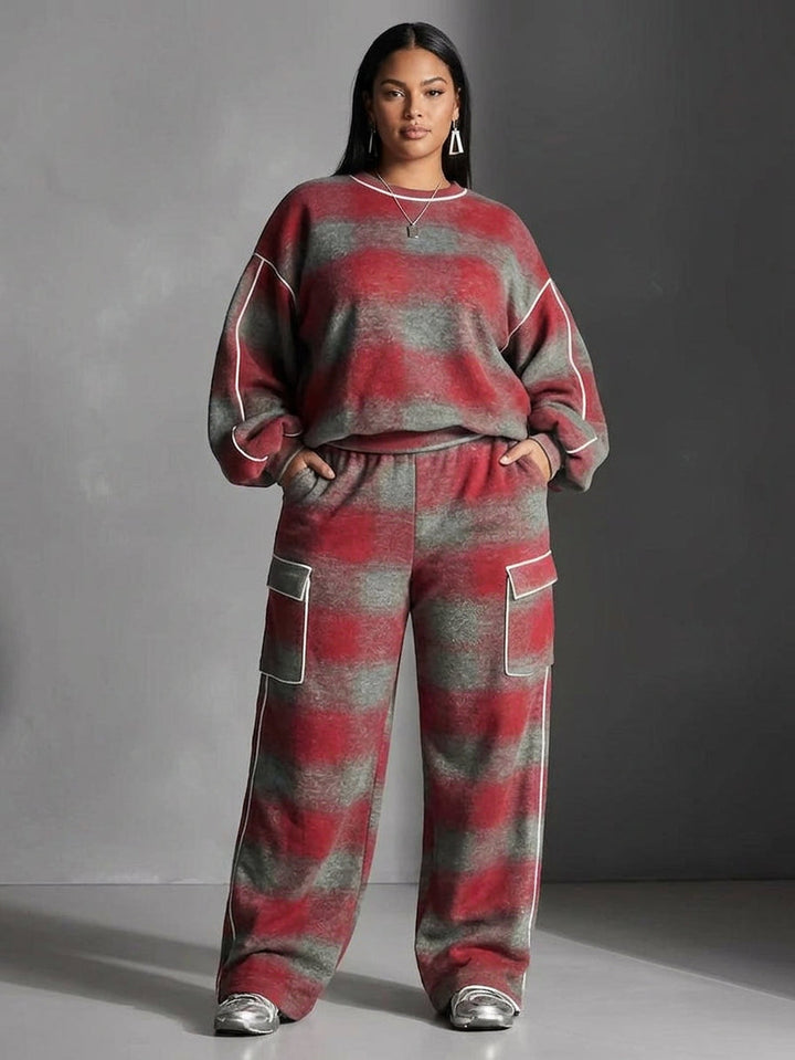 Red and Gray Checked Color-Blocked Sweatshirt and Casual Pants Two-Piece Set