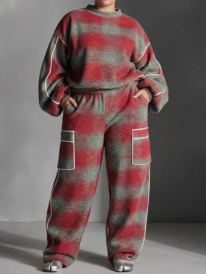 Red and Gray Checked Color-Blocked Sweatshirt and Casual Pants Two-Piece Set