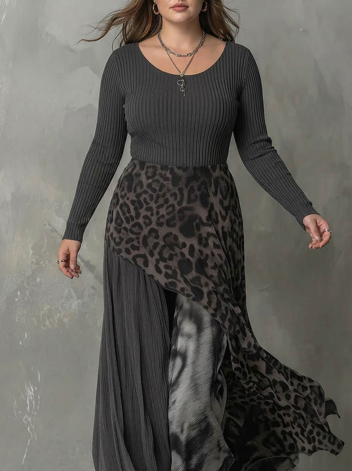 Gray Pit Stripe Leopard Print Splicing Asymmetrical Hem Maxi Dress