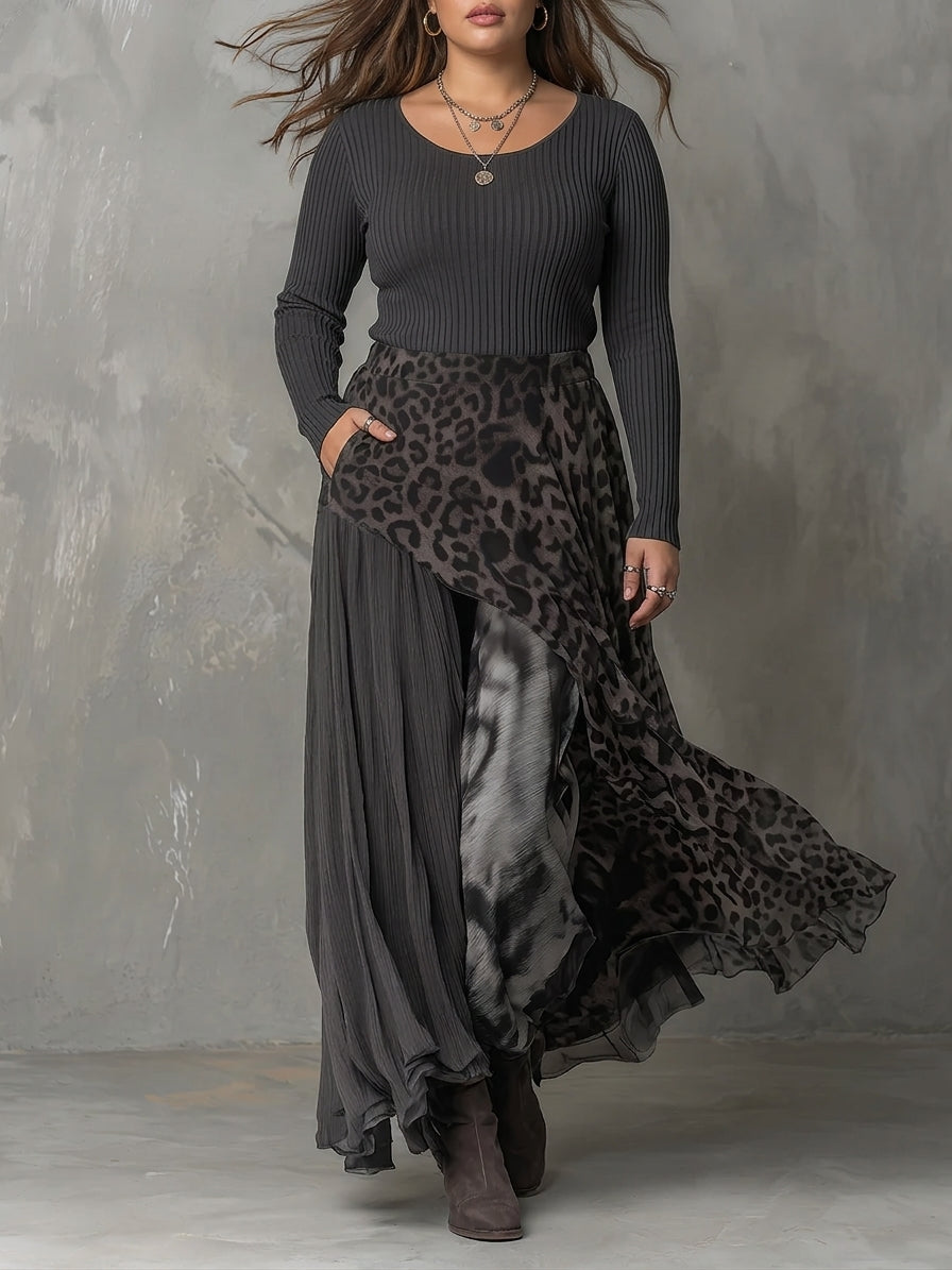 Gray Pit Stripe Leopard Print Splicing Asymmetrical Hem Maxi Dress