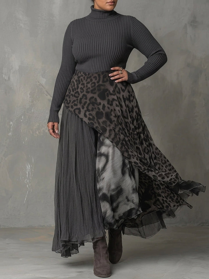 Gray Pit Stripe Leopard Print Splicing Asymmetrical Hem Maxi Dress