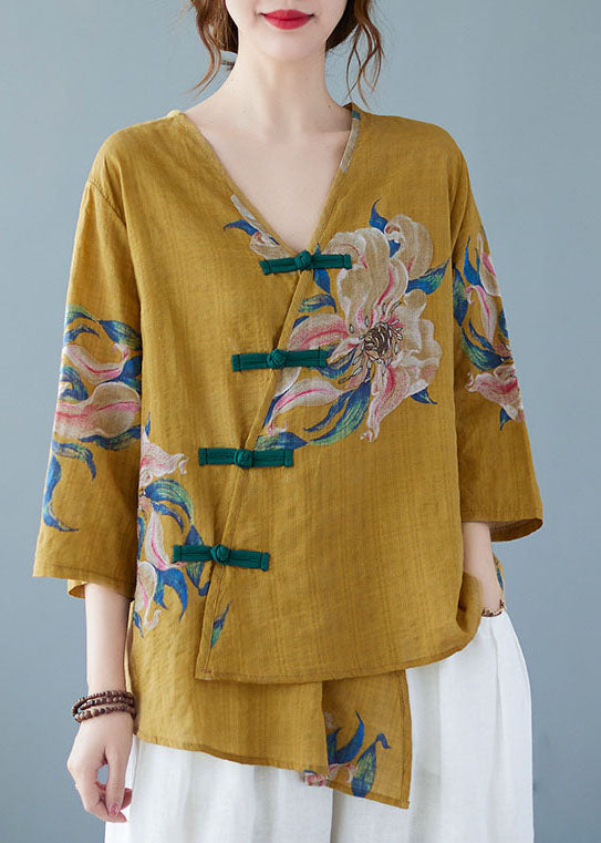 Pia - Yellow Button Shirt Tops Asymmetrical Half Sleeve