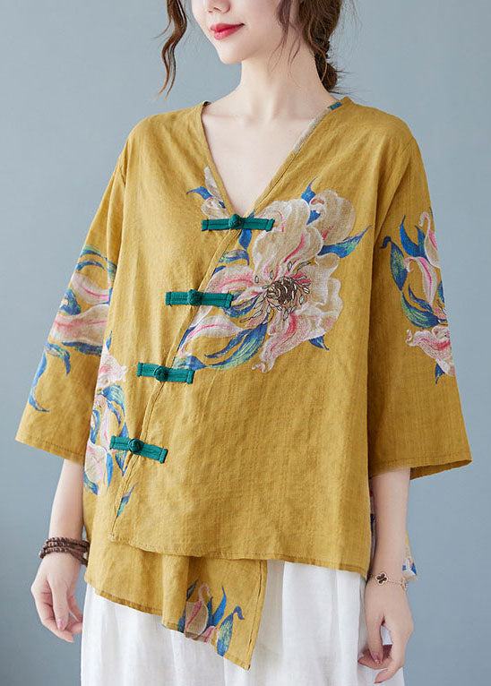 Pia - Yellow Button Shirt Tops Asymmetrical Half Sleeve