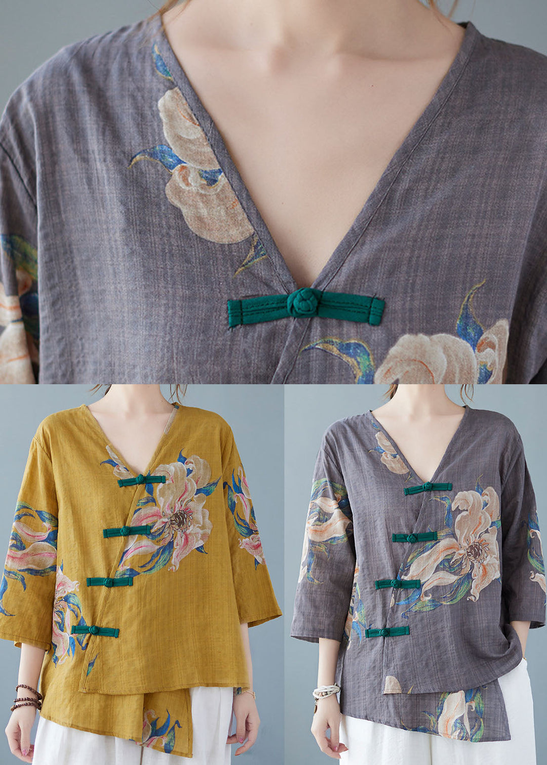 Pia - Yellow Button Shirt Tops Asymmetrical Half Sleeve