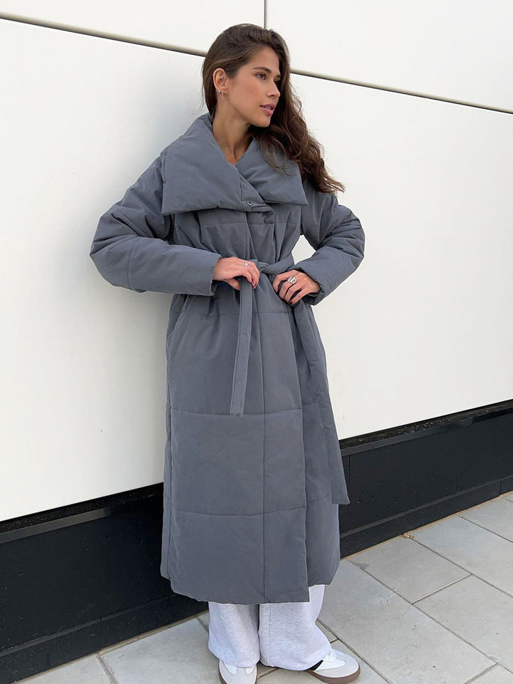 Long Padded Coat for Women, Warm Lace-Up Thick Winter Jacket