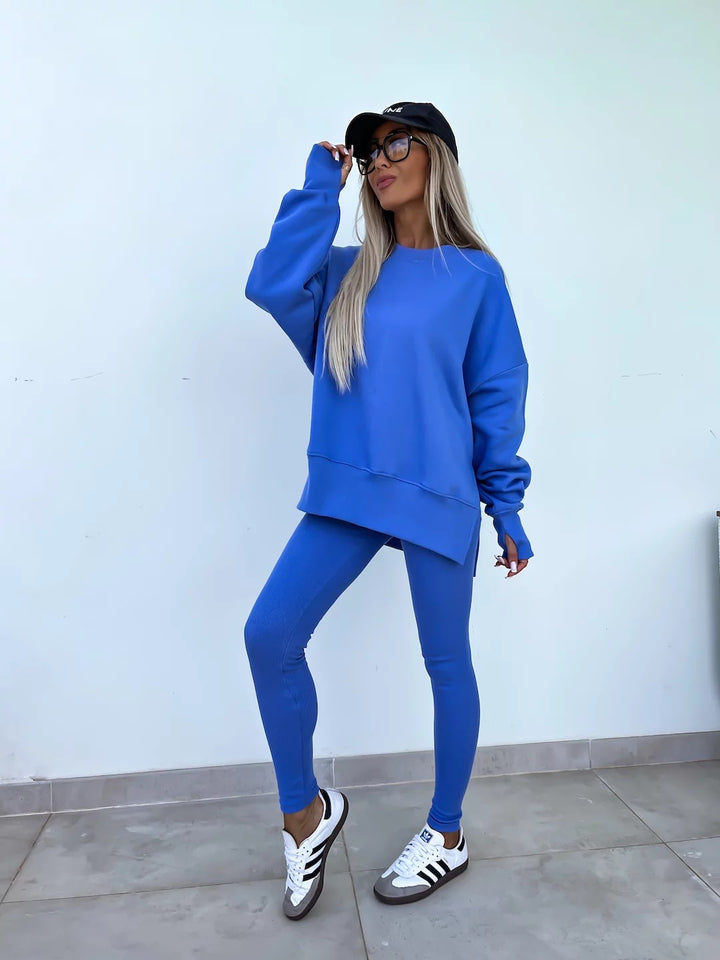 Casual Sweater Suit, Loose Crew Neck Split Top and Tight Pants