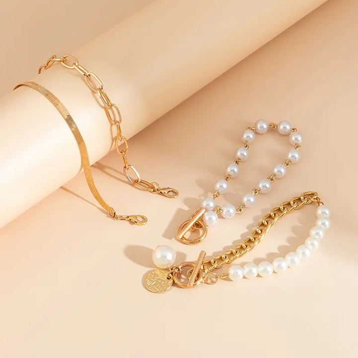 Fauna Gold 4-Piece Bracelet Set - Snake, Pearls &amp; Links | Gold