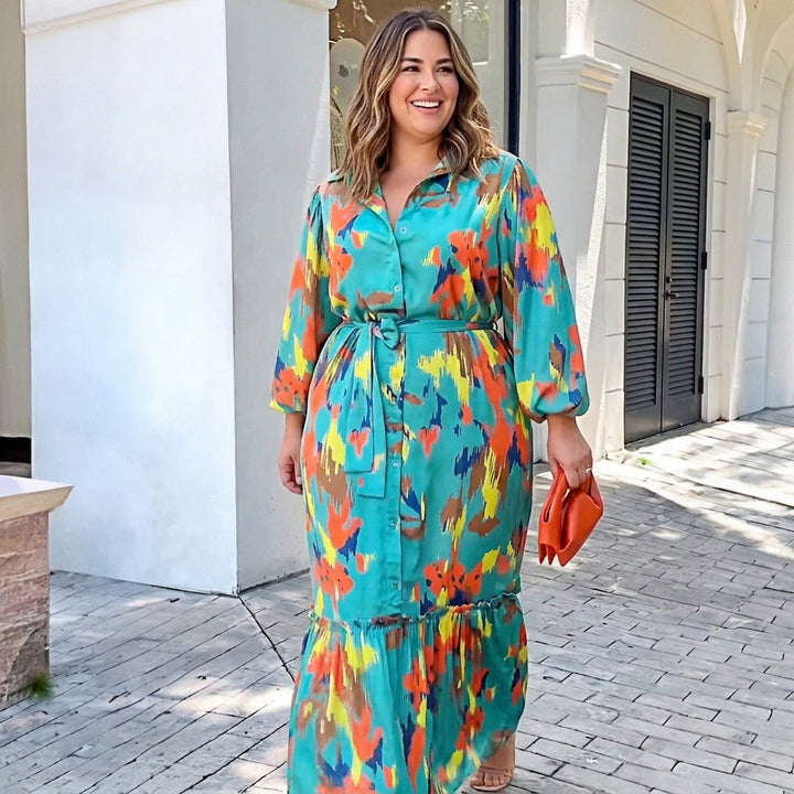 Jolie Printing Lapel Maxi Dress: Elegant Vintage Flow