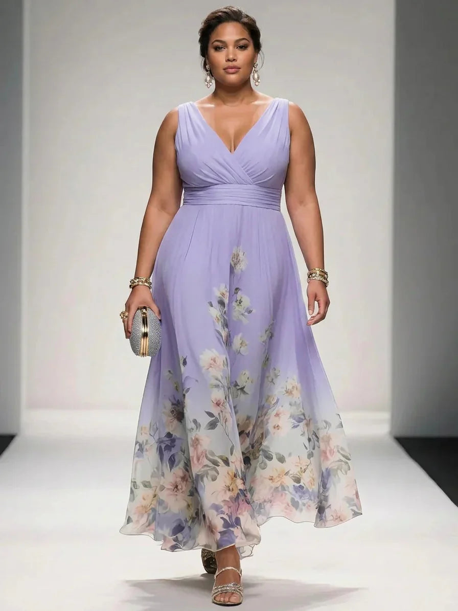 Salma | Light Blue Floral Chiffon V-Neck Maxi Dress