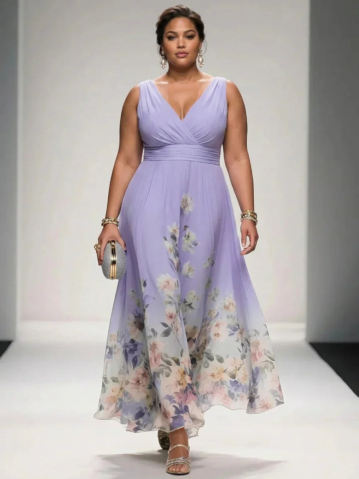 Salma | Light Blue Floral Chiffon V-Neck Maxi Dress